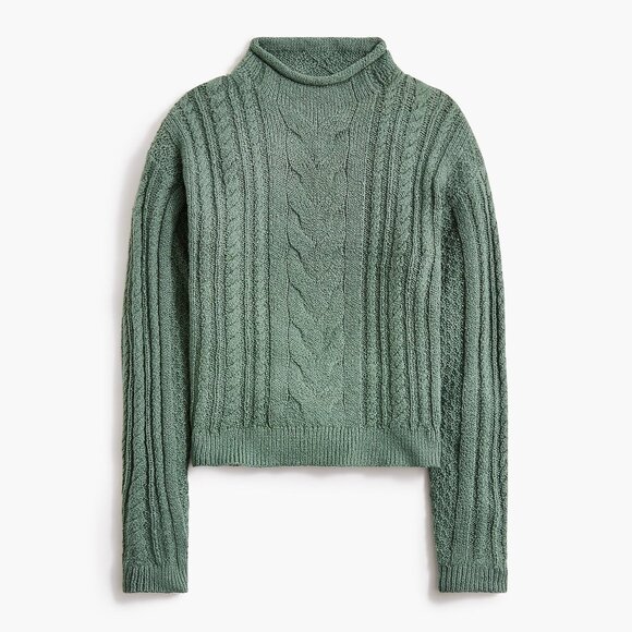 NWT J. Crew Roll Neck Cable Knit Sweater Womens Size M Green Preppy Fisherman - Picture 2 of 12